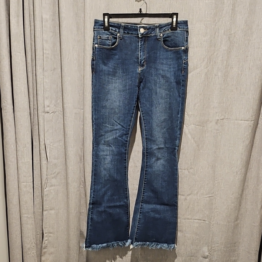 Colorful Premium Blue Denim Flare Leg Fringe Bottom Jeans